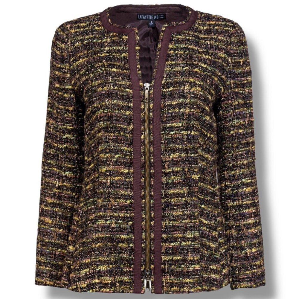 Lafayette 148 New York Tweed Zip-Up Jacket Blazer Women’s Size 10 Brown Green